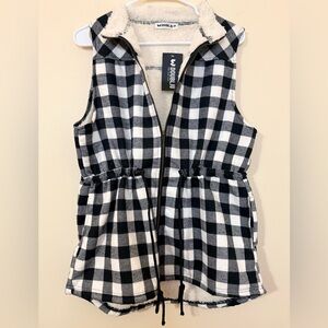 Doublju Black and White Checkered Vest with Pockets and Drawstring Waist